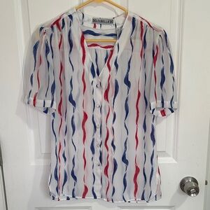 Vintage Red, White, and Blue Sheer Button Up Blouse Size 10